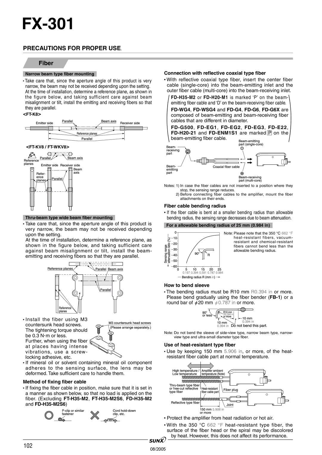 Panasonic FX-301 Connection with reflective coaxial type fiber, Method of fixing fiber cable, Fiber cable bending radius 