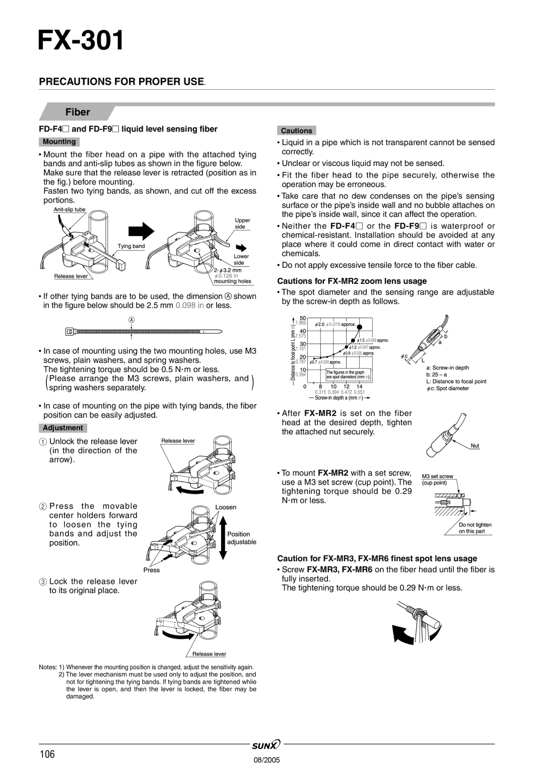 Panasonic FX-301 manual FD-F4and FD-F9liquid level sensing fiber, Adjustment 