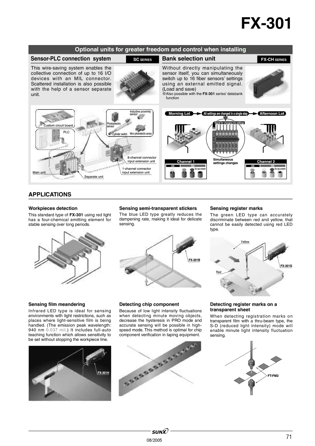 Panasonic FX-301 manual Sensor-PLC connection system SC Series Bank selection unit, Applications 