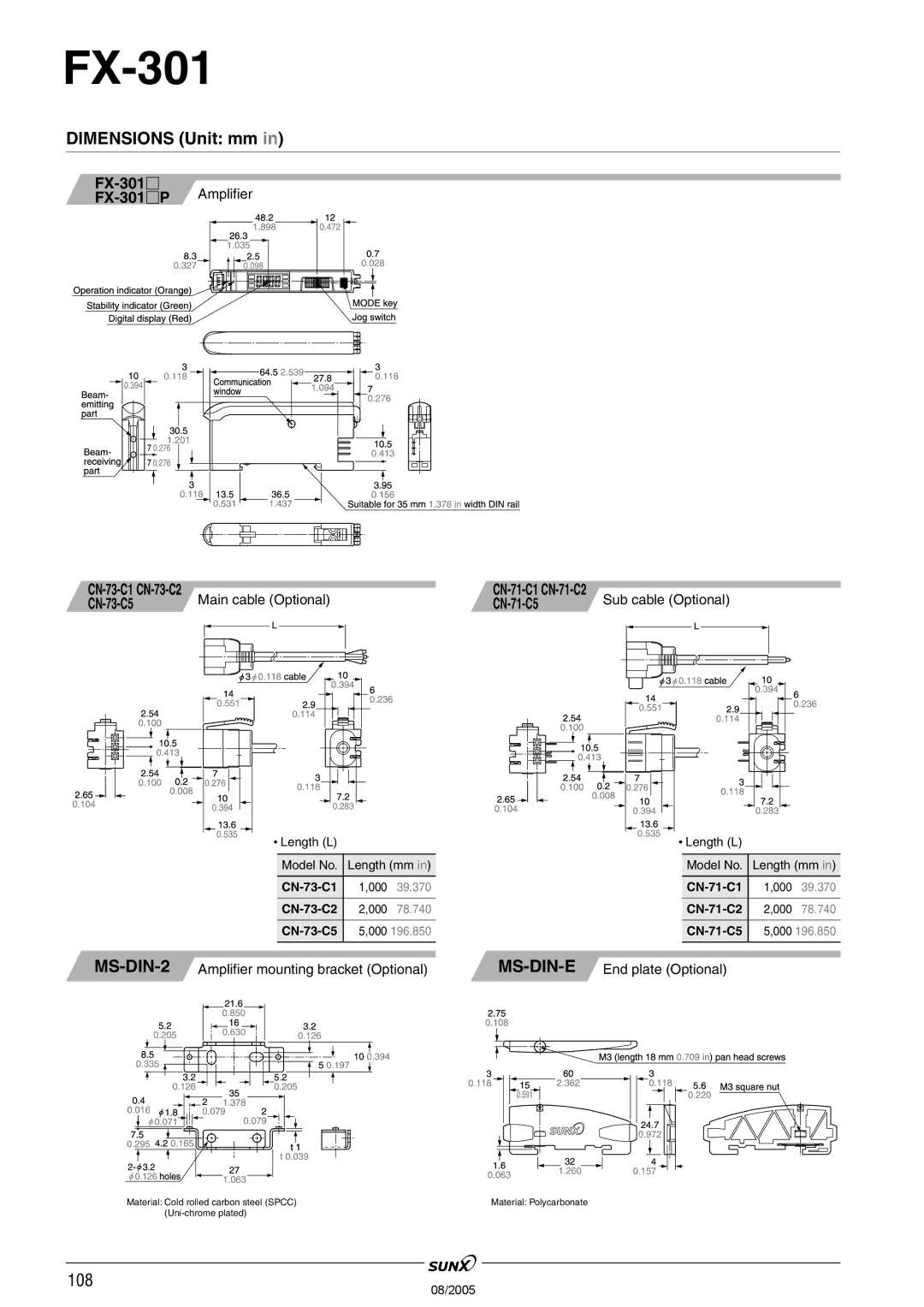 Panasonic FX-301 manual Dimensions Unit mm, MS-DIN-2, Main cable Optional, Sub cable Optional 