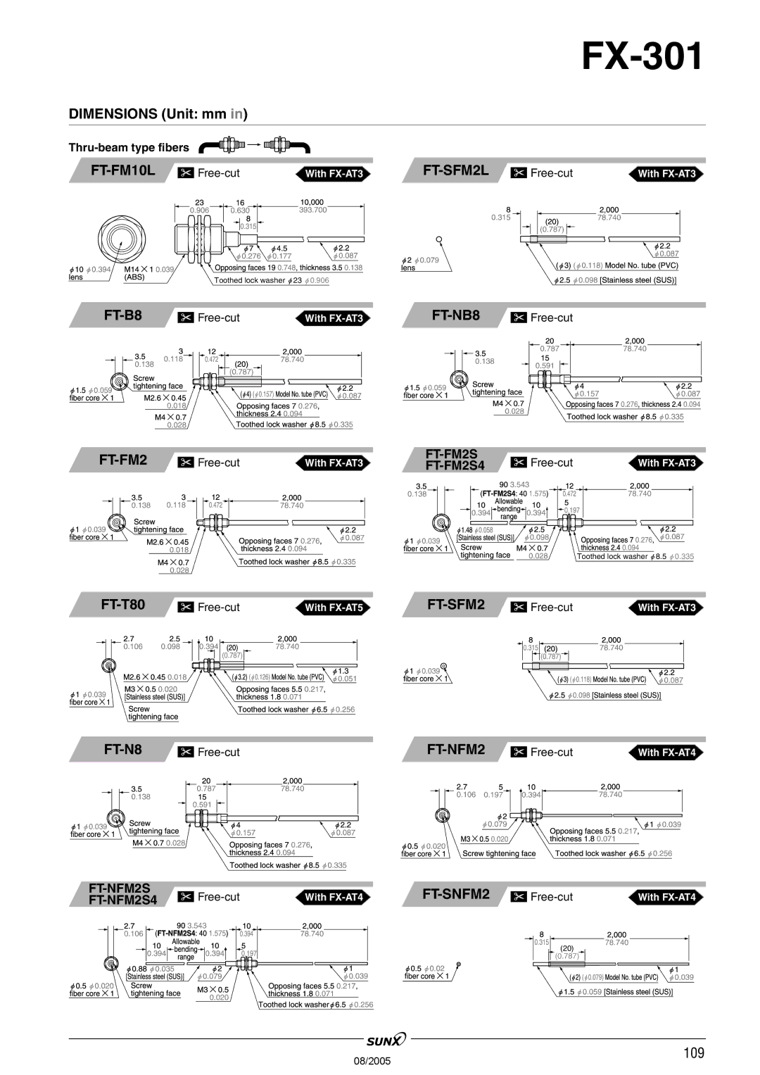 Panasonic FX-301 manual Thru-beam type fibers, Free-cut 