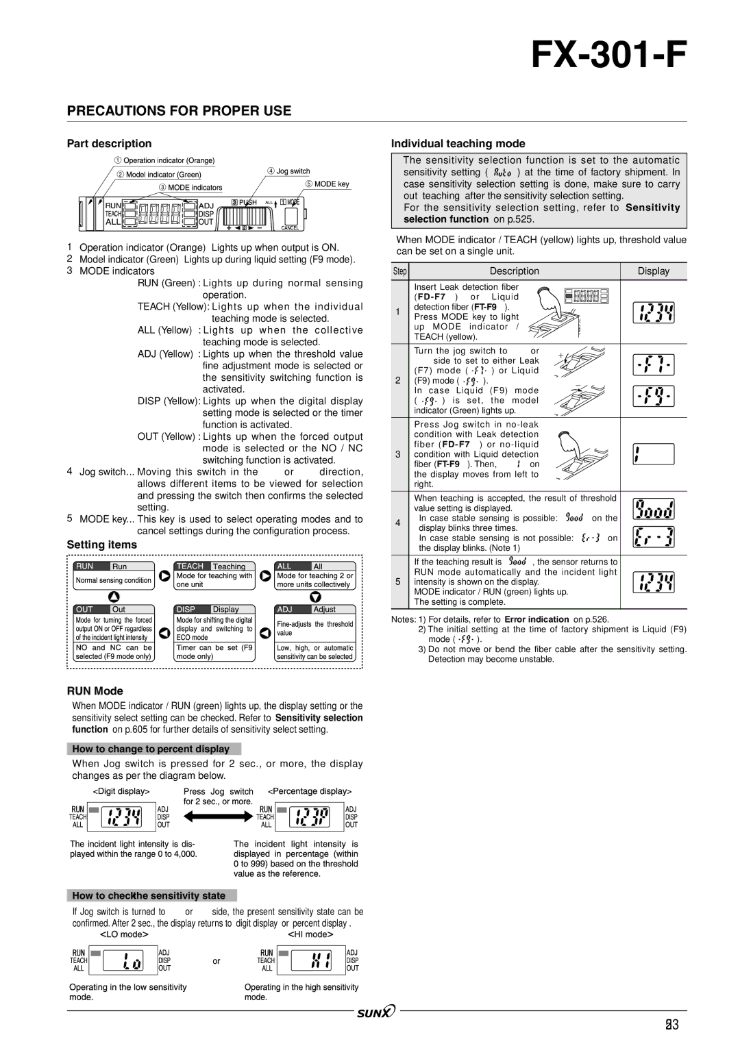 Panasonic FX-301 manual Setting items RUN Mode, Individual teaching mode, How to change to ‘percent display’ 