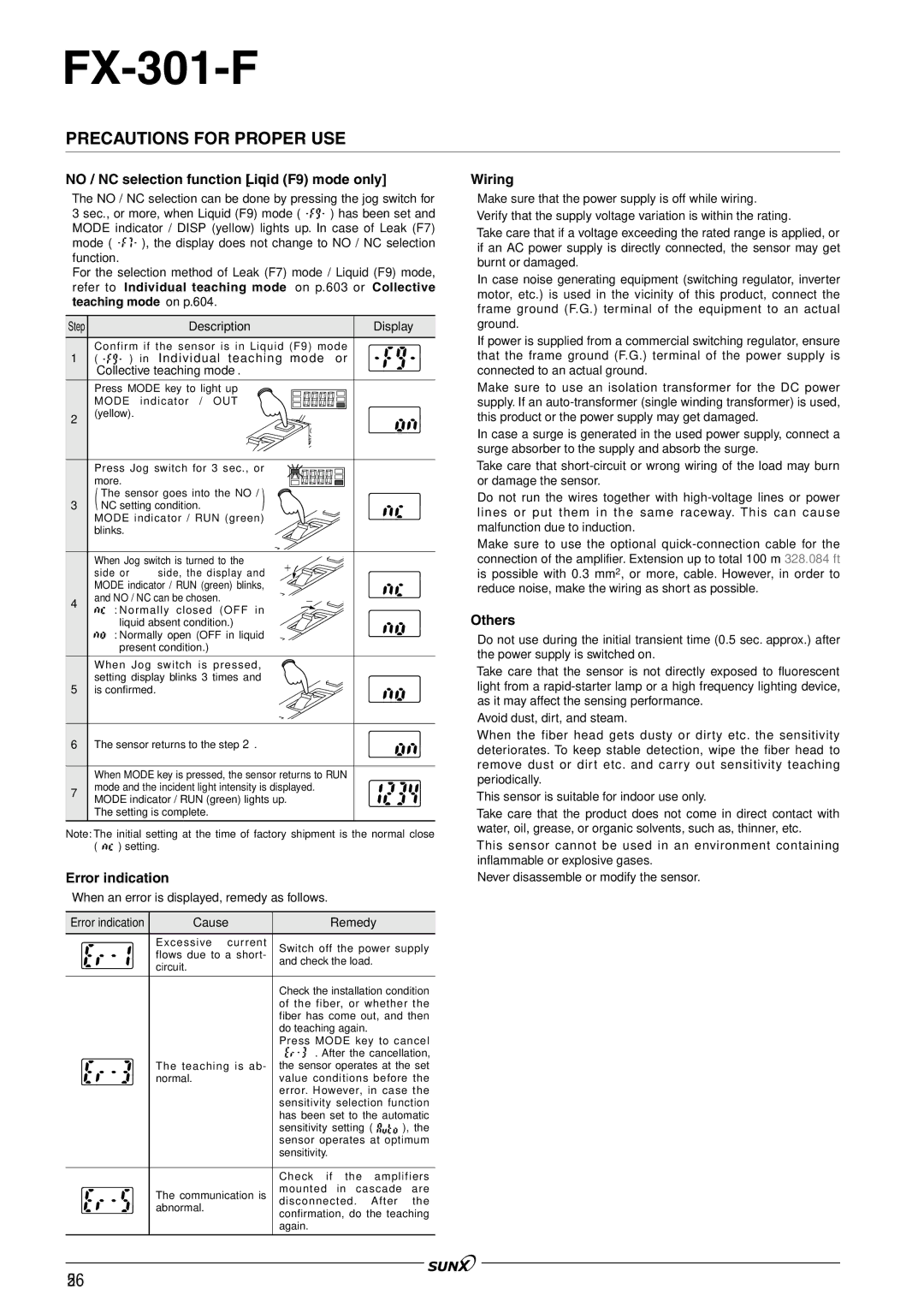 Panasonic FX-301 manual No / NC selection function Liquid F9 mode only, Error indication, Cause Remedy 