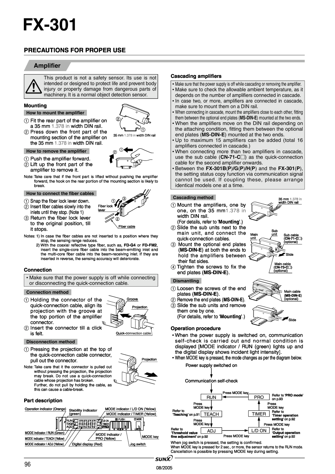 Panasonic FX-301 Precautions For Proper Use, Amplifier, Mounting, Connection, Cascading amplifiers, Operation procedure 