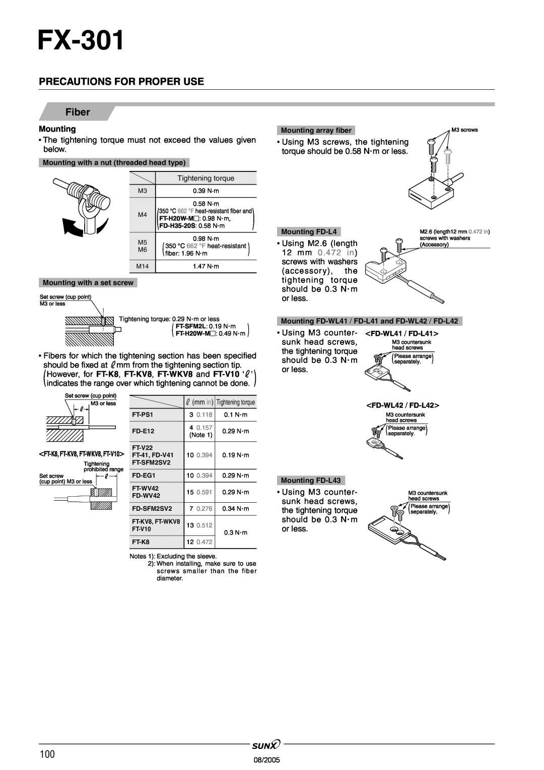 Panasonic FX-301 manual Fiber, Precautions For Proper Use, Mounting 