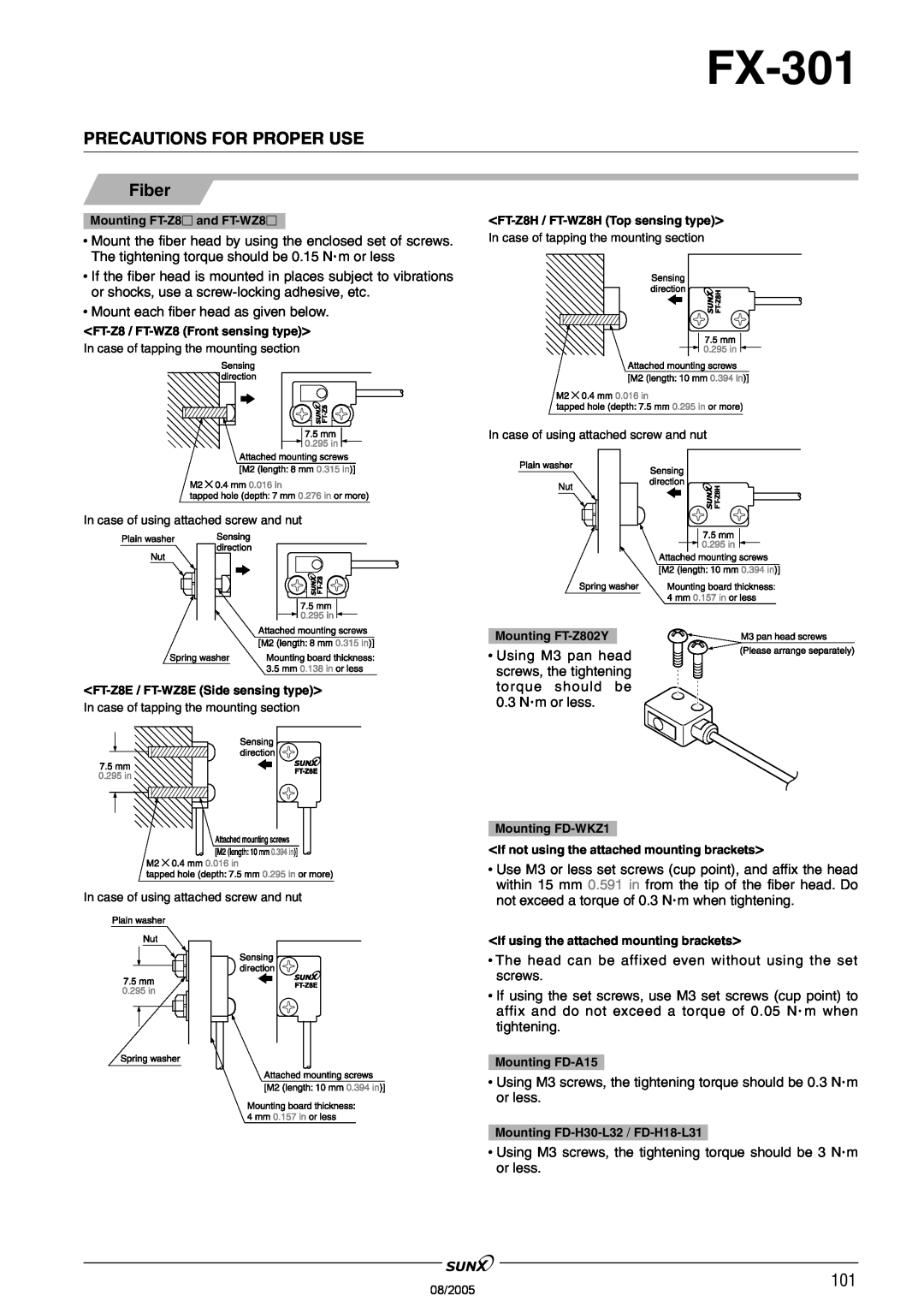 Panasonic FX-301 manual Precautions For Proper Use, Fiber, •Mount each fiber head as given below 