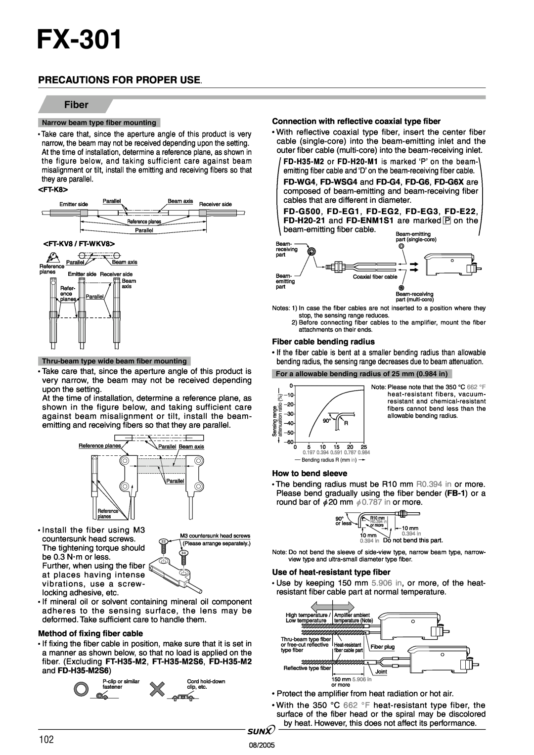 Panasonic FX-301 manual PRECAUTIONS FOR PROPER USE Fiber, Connection with reflective coaxial type fiber, How to bend sleeve 