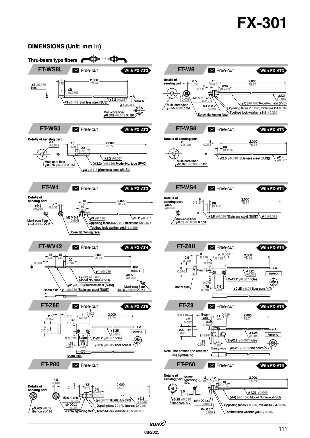 Panasonic FX-301 FT-WS8L, FT-W8, FT-WS3, FT-W4, FT-WS4, FT-WV42, FT-Z8H, FT-Z8E, FT-P60, DIMENSIONS Unit: mm in, FT-P80 