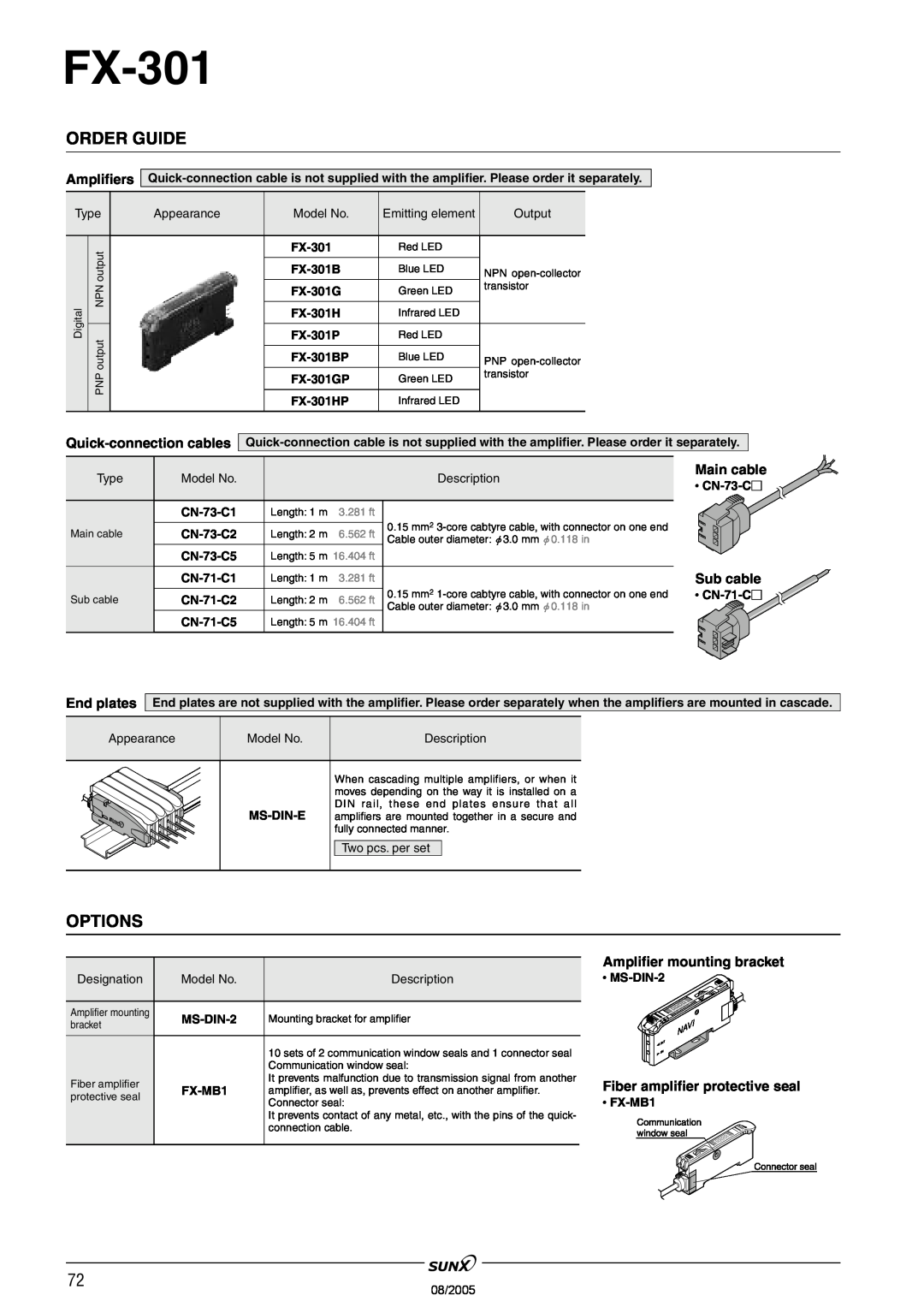 Panasonic Order Guide, Options, Amplifiers, Quick-connectioncables, Main cable, Sub cable, End plates, FX-301B, FX-301G 