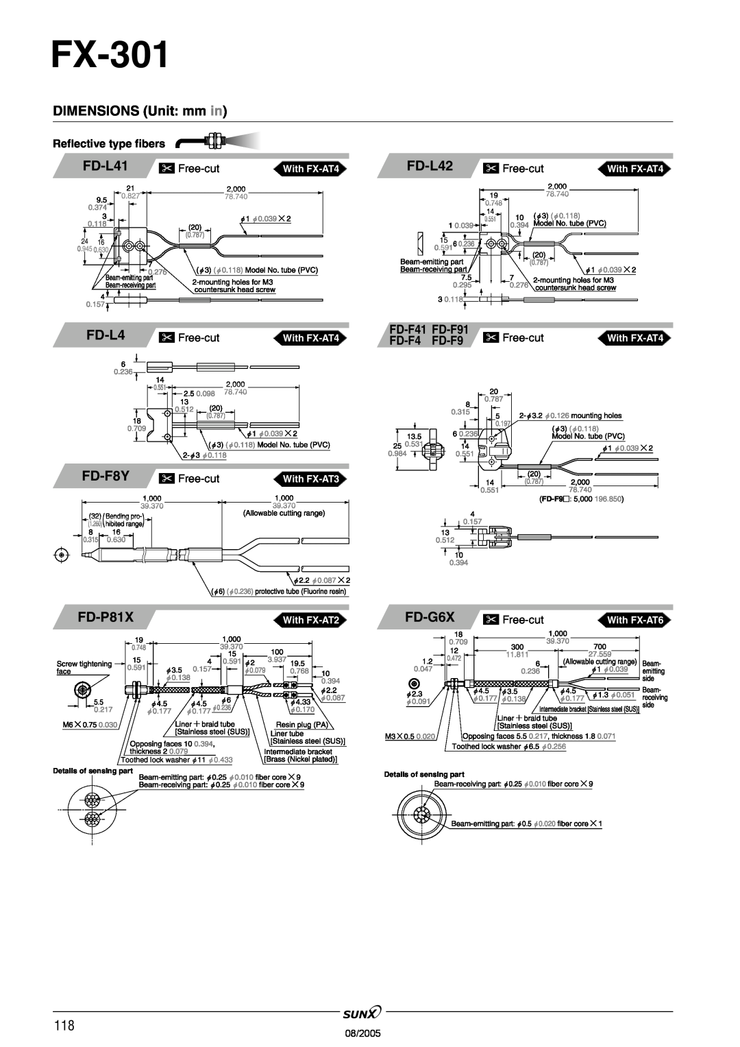 Panasonic FX-301 FD-L41, FD-L42, FD-F8Y, FD-P81X, FD-G6X, FD-F41, FD-F91, DIMENSIONS Unit mm in, Free-cut, 08/2005 