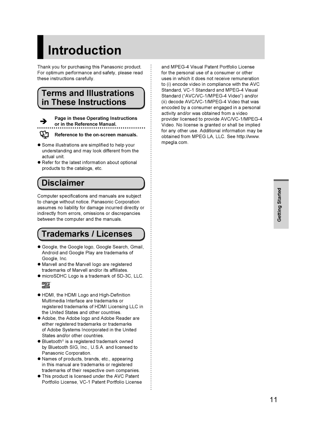 Panasonic FZ-A1 appendix Introduction, Terms and Illustrations in These Instructions, Disclaimer, Trademarks / Licenses 