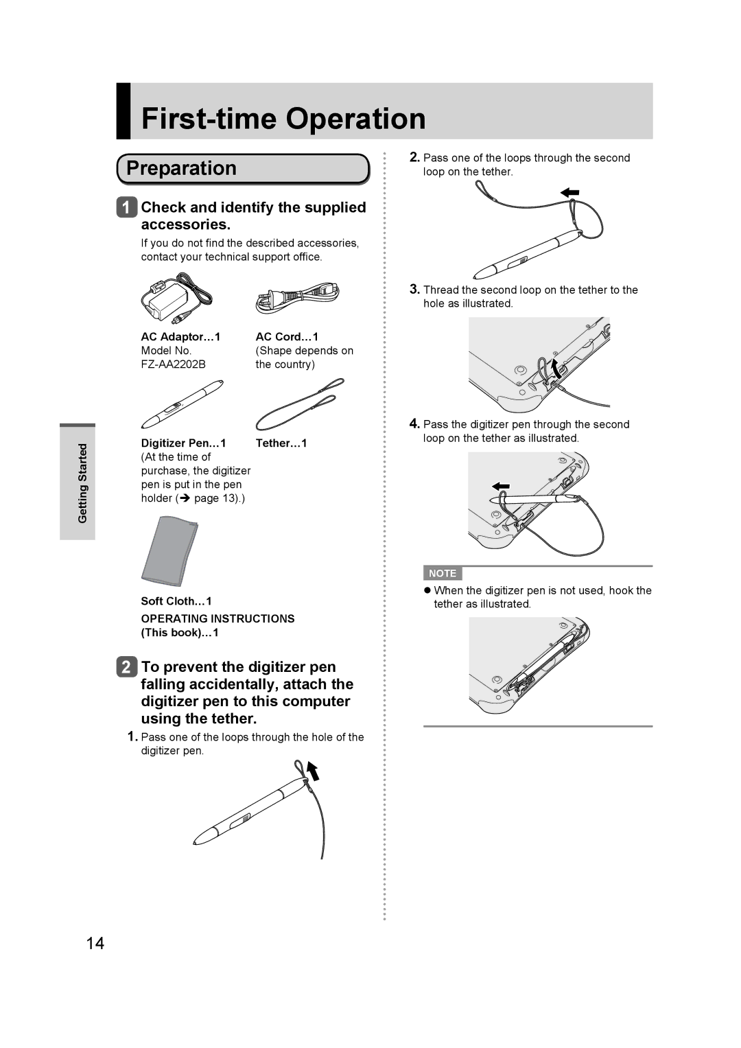 Panasonic FZ-A1 appendix First-time Operation, Preparation, Check and identify the supplied accessories 