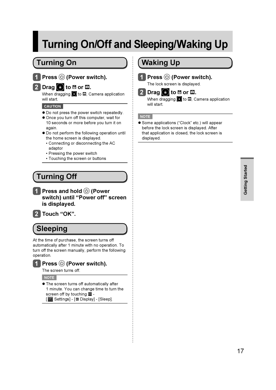 Panasonic FZ-A1 appendix Turning On/Off and Sleeping/Waking Up, Turning Off 