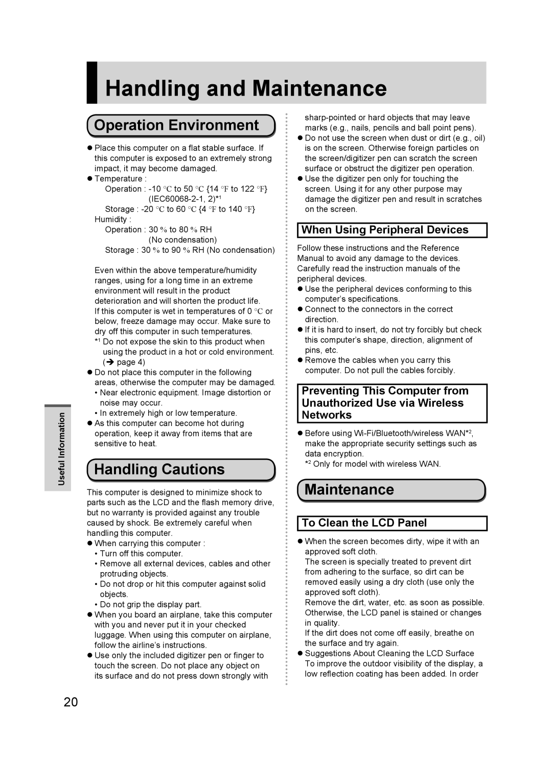 Panasonic FZ-A1 appendix Handling and Maintenance, Operation Environment, Handling Cautions 