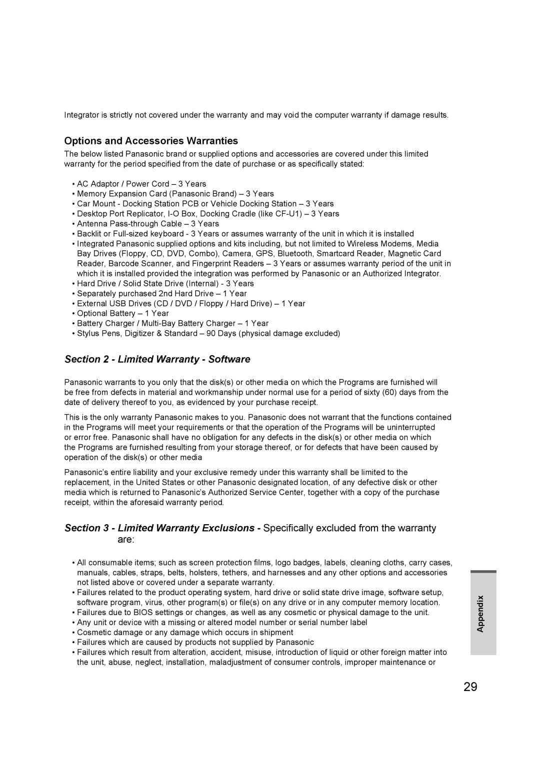 Panasonic FZ-A1 appendix Limited Warranty Software 