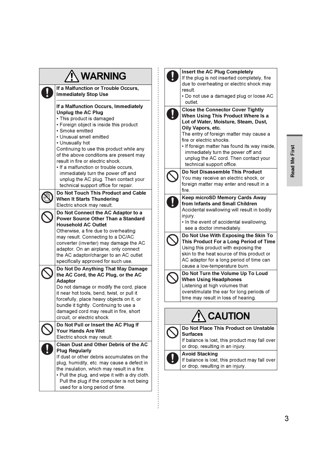 Panasonic FZ-A1 Do Not Pull or Insert the AC Plug If Your Hands Are Wet, Insert the AC Plug Completely, Avoid Stacking 