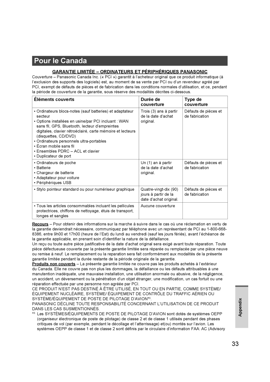 Panasonic FZ-A1 appendix Pour le Canada, Garantie Limitée Ordinateurs ET Périphériques Panasonic 