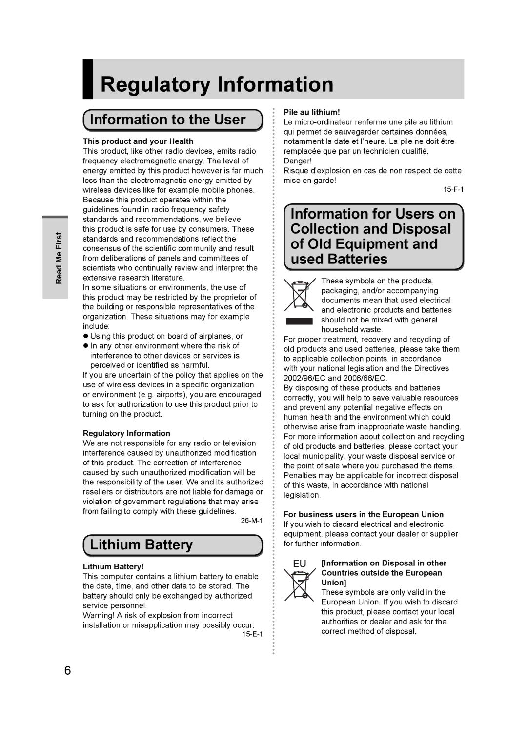 Panasonic FZ-A1 appendix Regulatory Information, Information to the User, Lithium Battery 