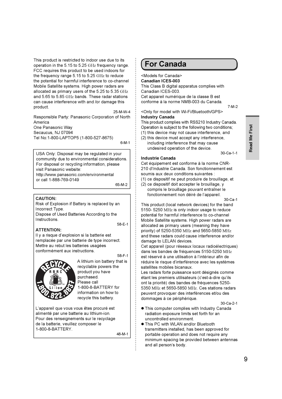 Panasonic FZ-A1 appendix For Canada, Canadian ICES-003, Industry Canada, Industrie Canada 