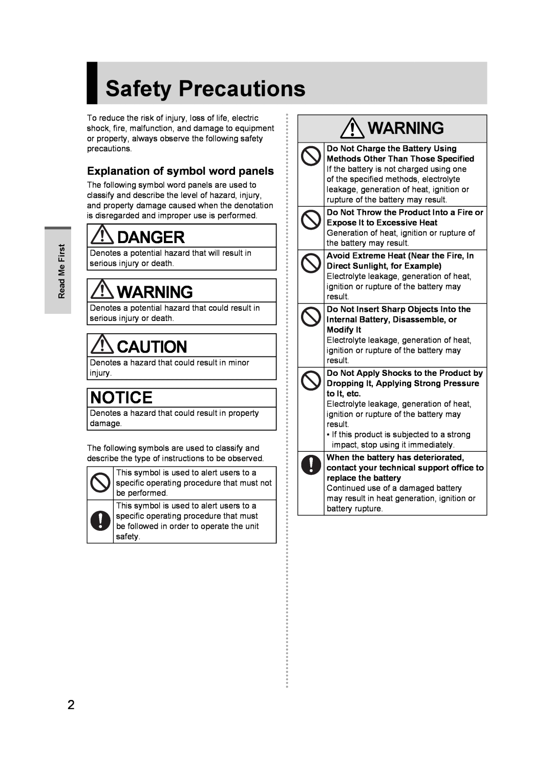 Panasonic FZ-A1 appendix Safety Precautions, Danger, Explanation of symbol word panels 
