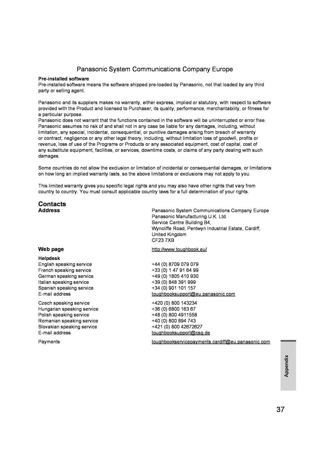 Panasonic FZ-A1 appendix Contacts, Address, Web page, Panasonic System Communications Company Europe 