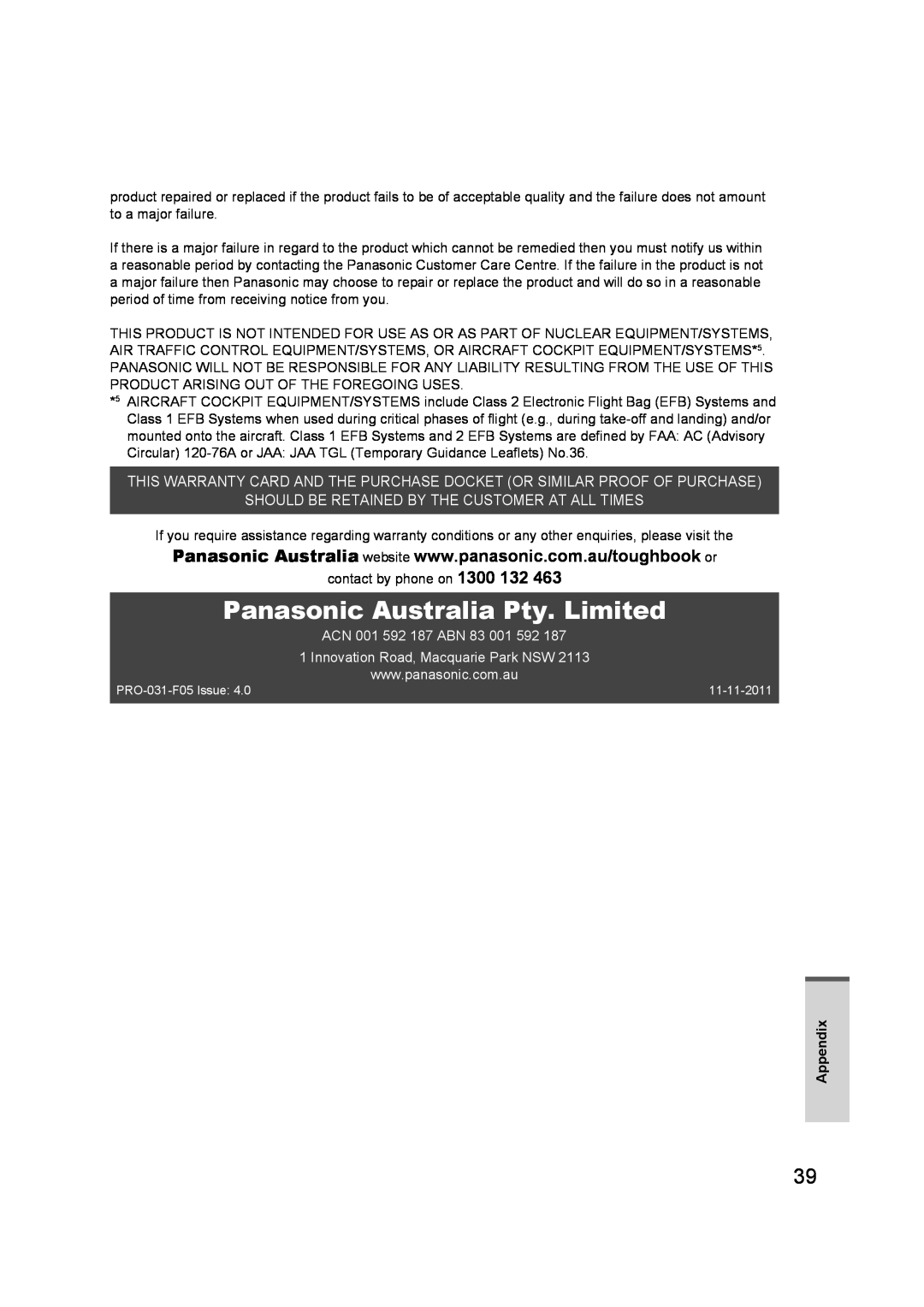 Panasonic FZ-A1 appendix Panasonic Australia Pty. Limited, Should Be Retained By The Customer At All Times 