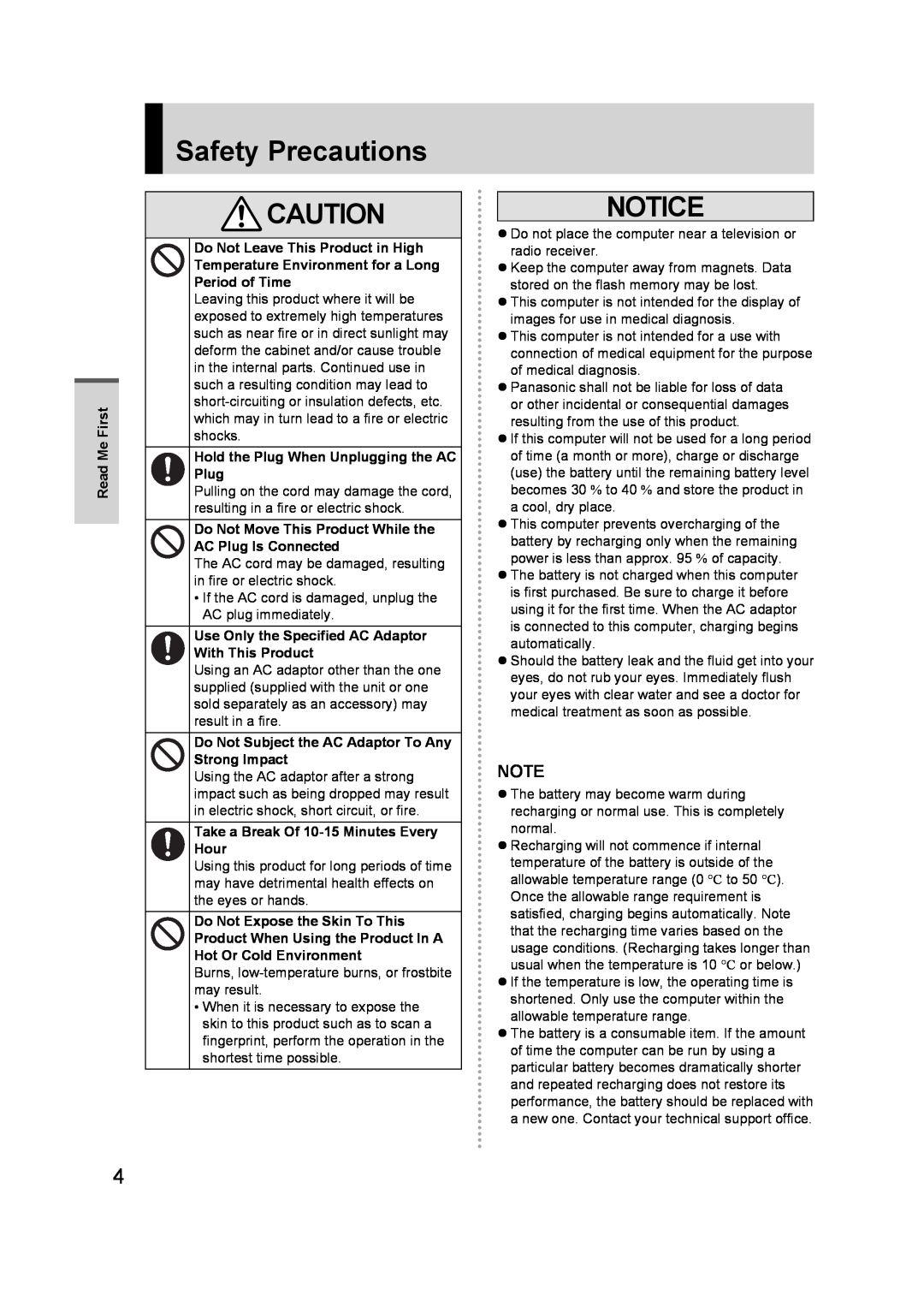Panasonic FZ-A1 appendix Safety Precautions 
