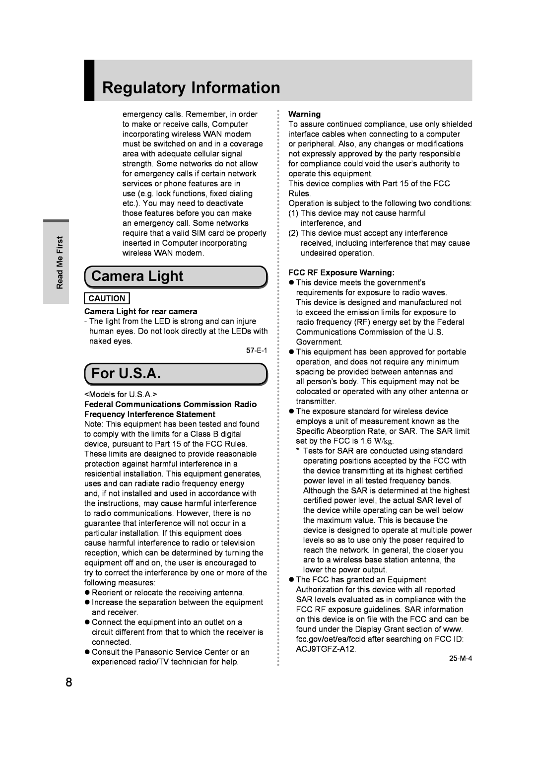 Panasonic FZ-A1 appendix Regulatory Information, Camera Light, For U.S.A 