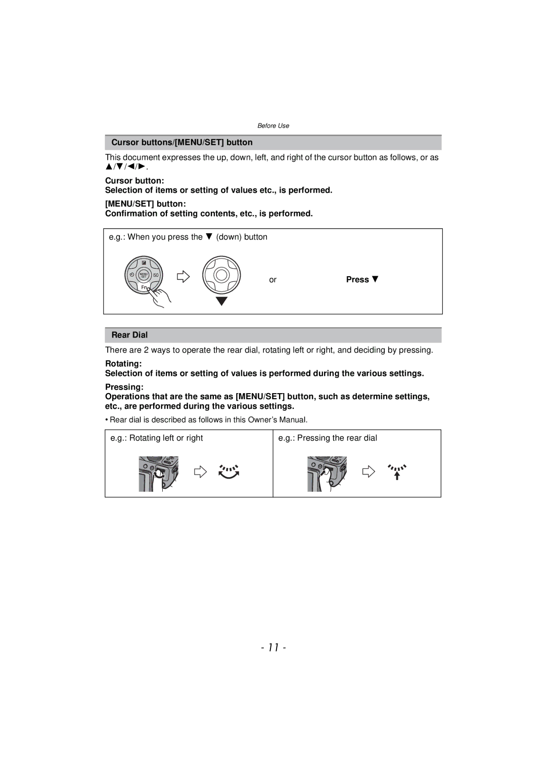 Panasonic DMCFZ150K owner manual Cursor buttons/MENU/SET button, When you press the 4 down button, Press, Rear Dial 