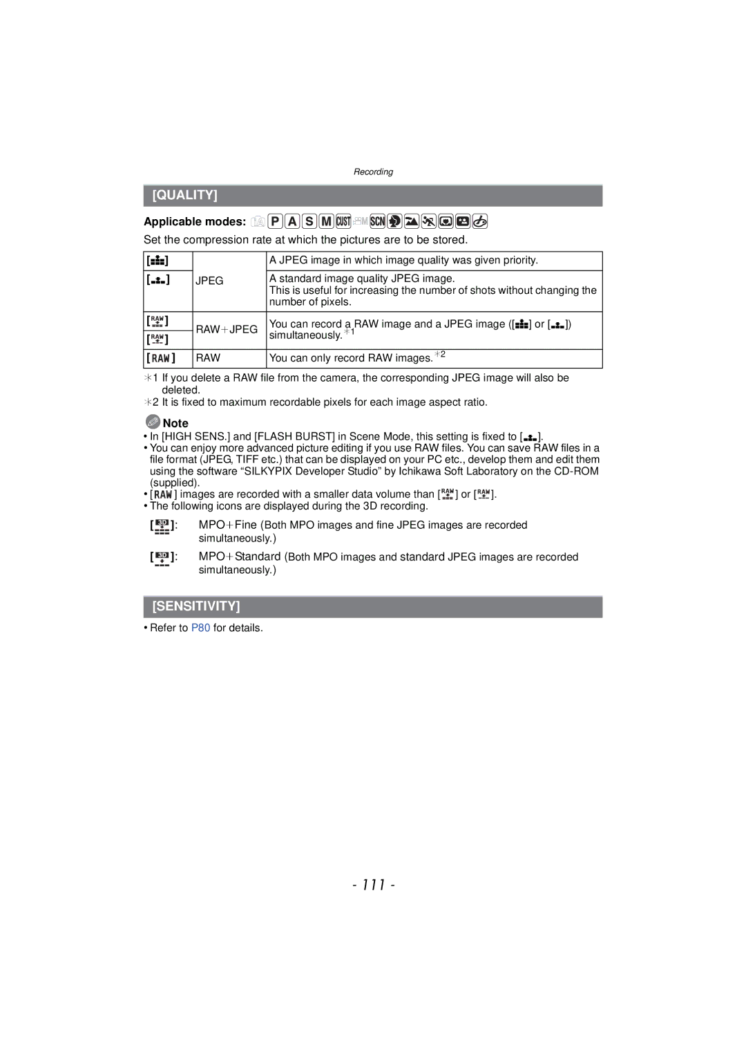 Panasonic DMCFZ150K owner manual 111, Quality, Sensitivity 