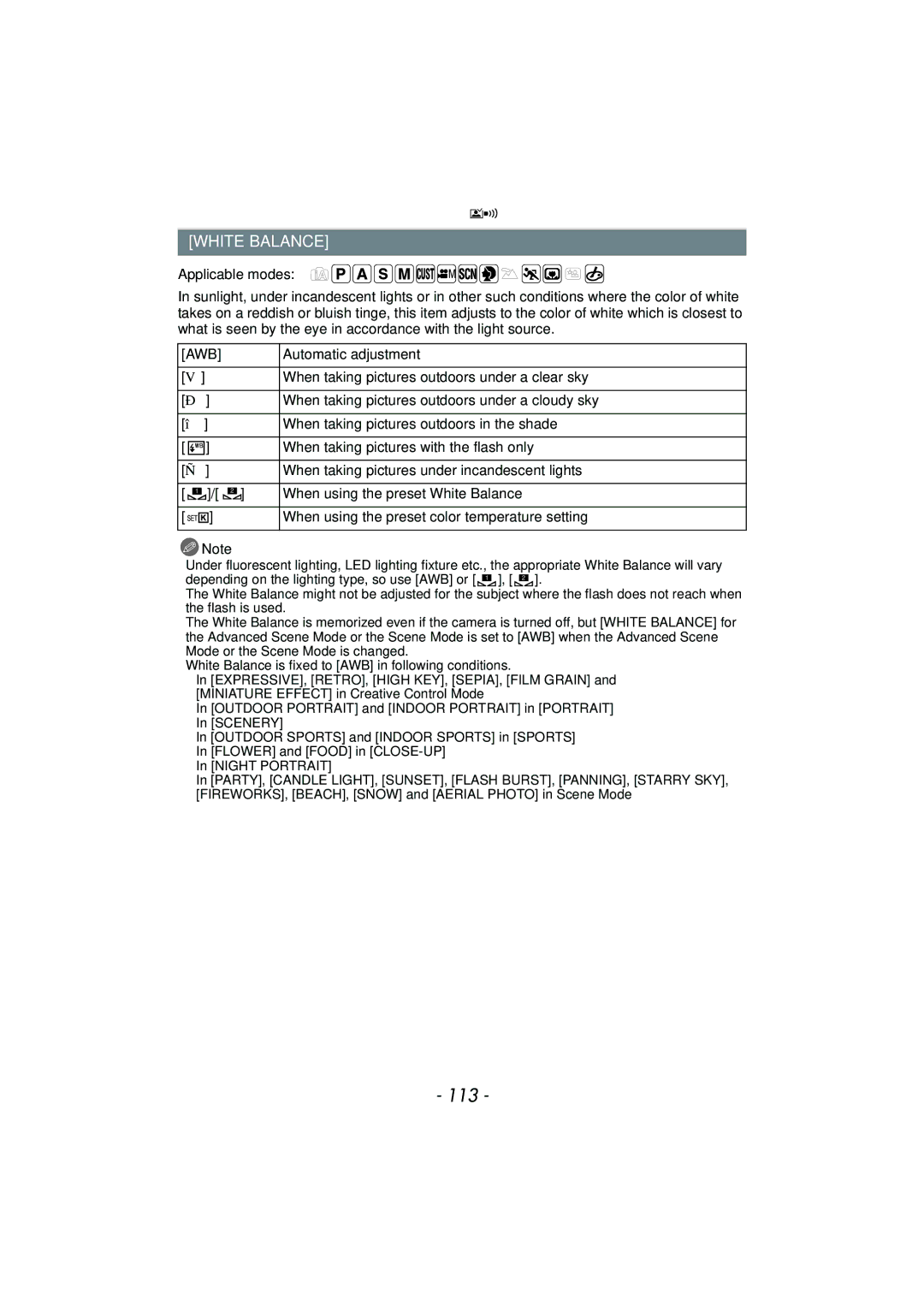 Panasonic DMCFZ150K owner manual 113, White Balance, Awb 