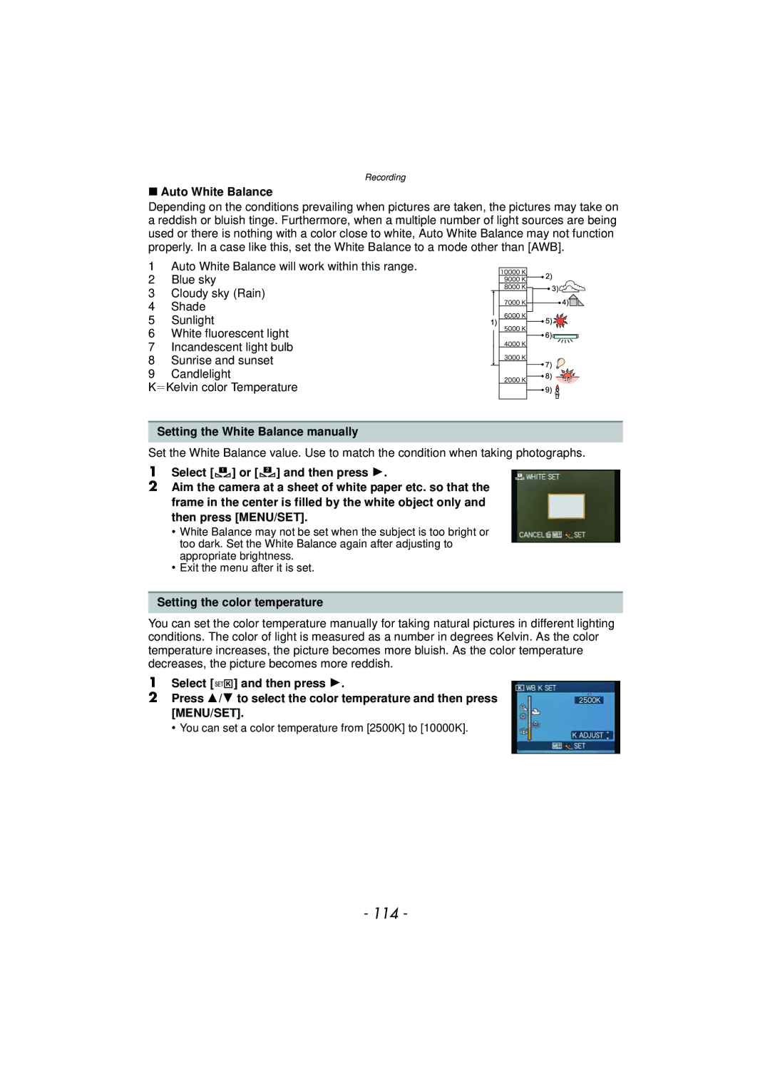Panasonic DMCFZ150K 114, Auto White Balance, Setting the White Balance manually, Setting the color temperature 