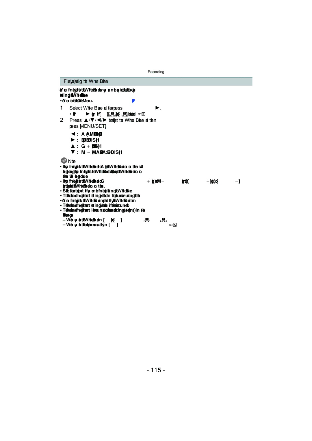 Panasonic DMCFZ150K owner manual 115, Finely adjusting the White Balance, Select White Balance and then press 