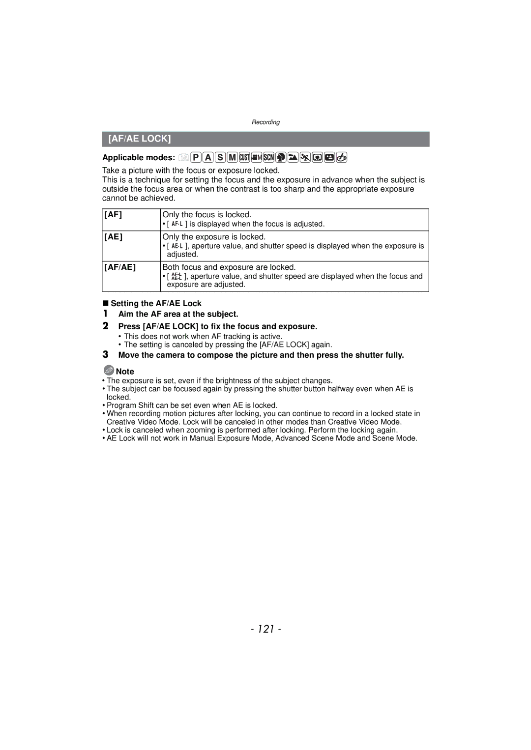 Panasonic DMCFZ150K owner manual 121, AF/AE Lock, Only the exposure is locked, Af/Ae, Both focus and exposure are locked 