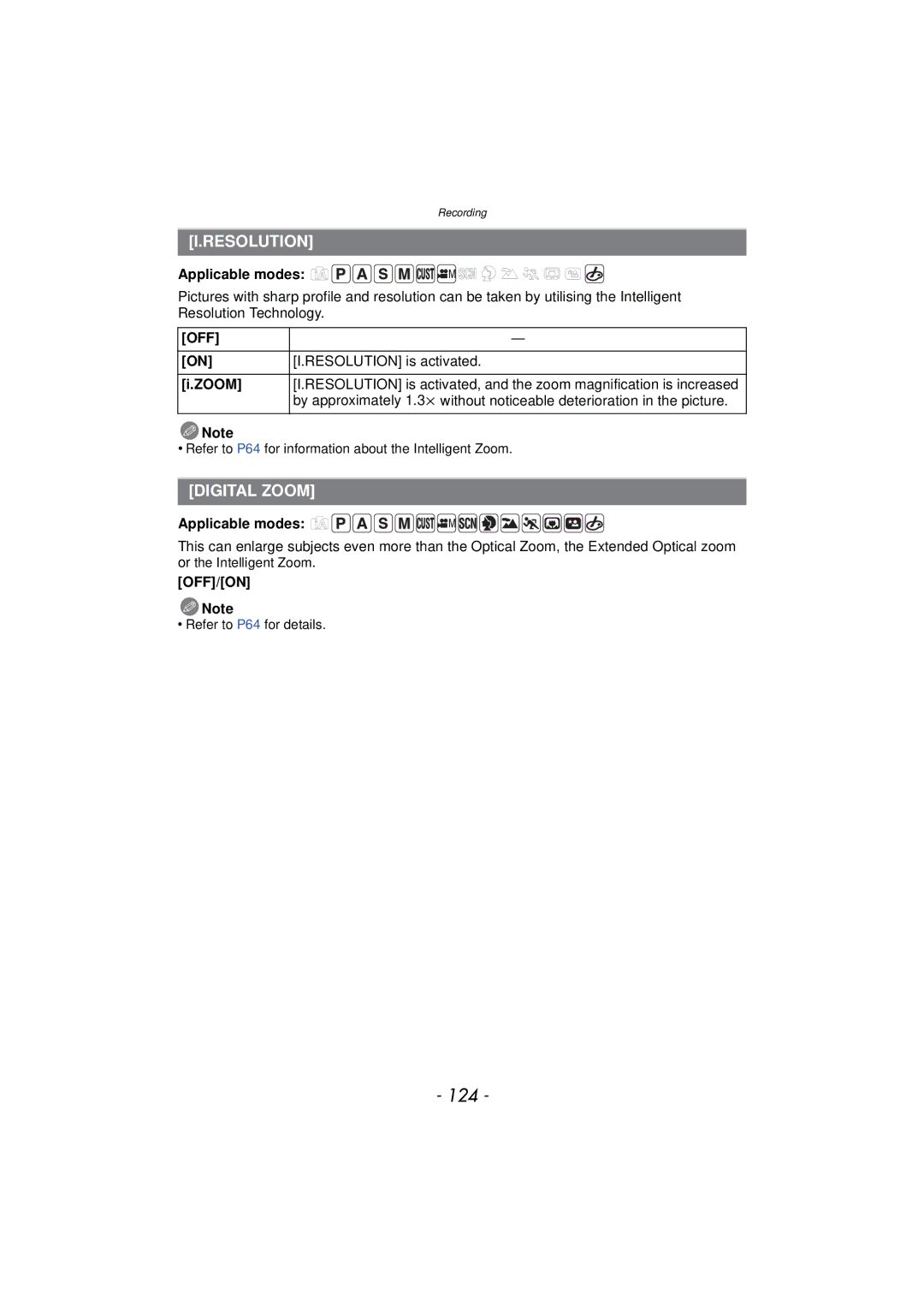 Panasonic DMCFZ150K owner manual 124, Digital Zoom, Resolution is activated 