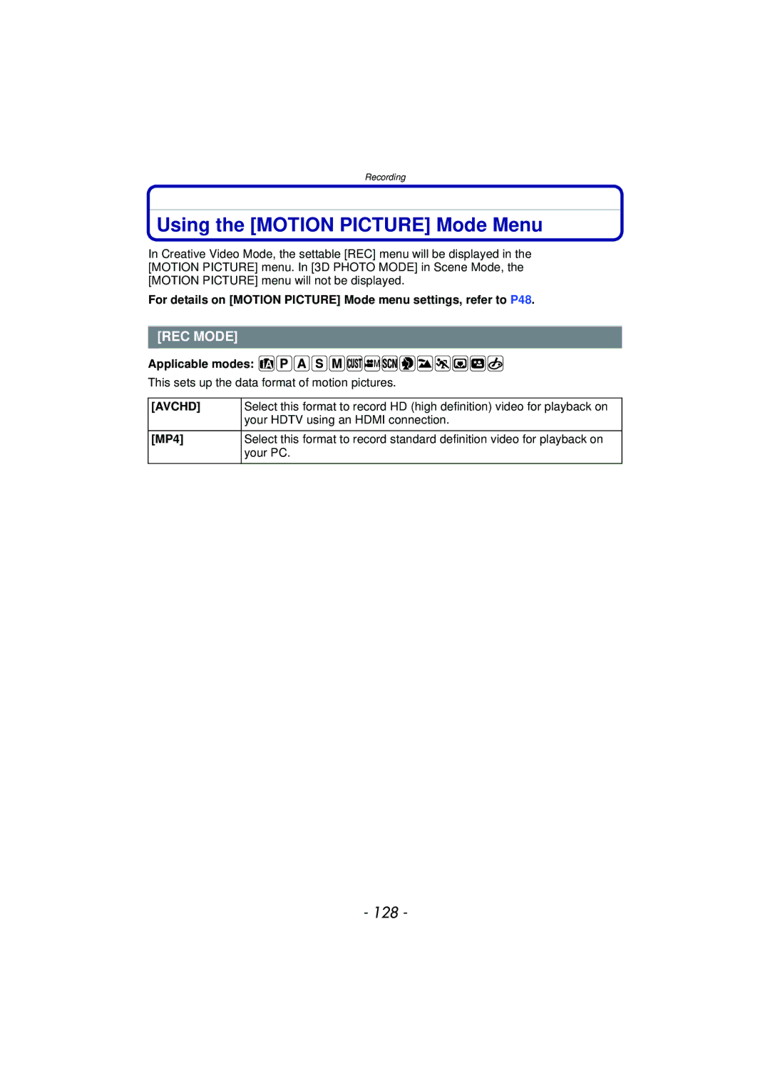 Panasonic DMCFZ150K owner manual Using the Motion Picture Mode Menu, 128, REC Mode 