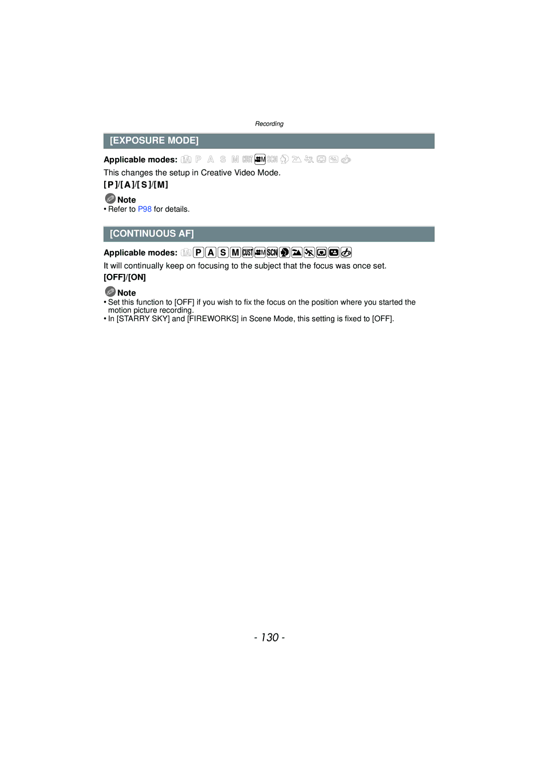 Panasonic DMCFZ150K owner manual 130, Exposure Mode, Continuous AF, This changes the setup in Creative Video Mode 