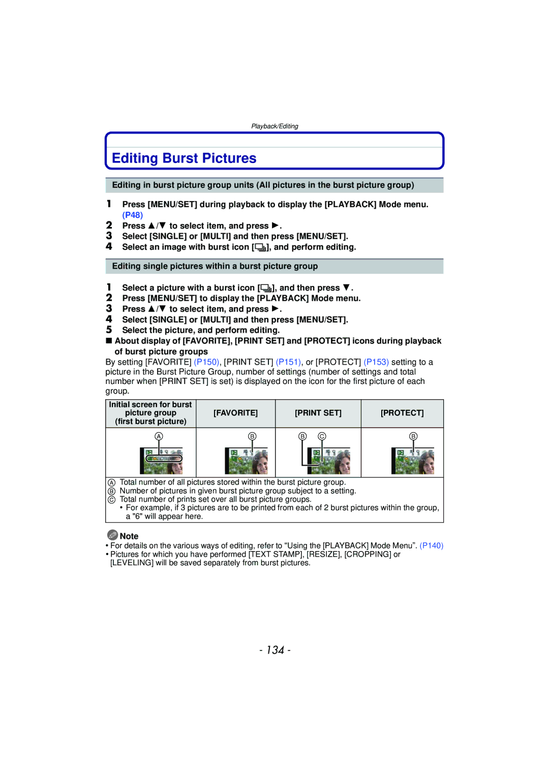 Panasonic DMCFZ150K owner manual Editing Burst Pictures, 134, Initial screen for burst 