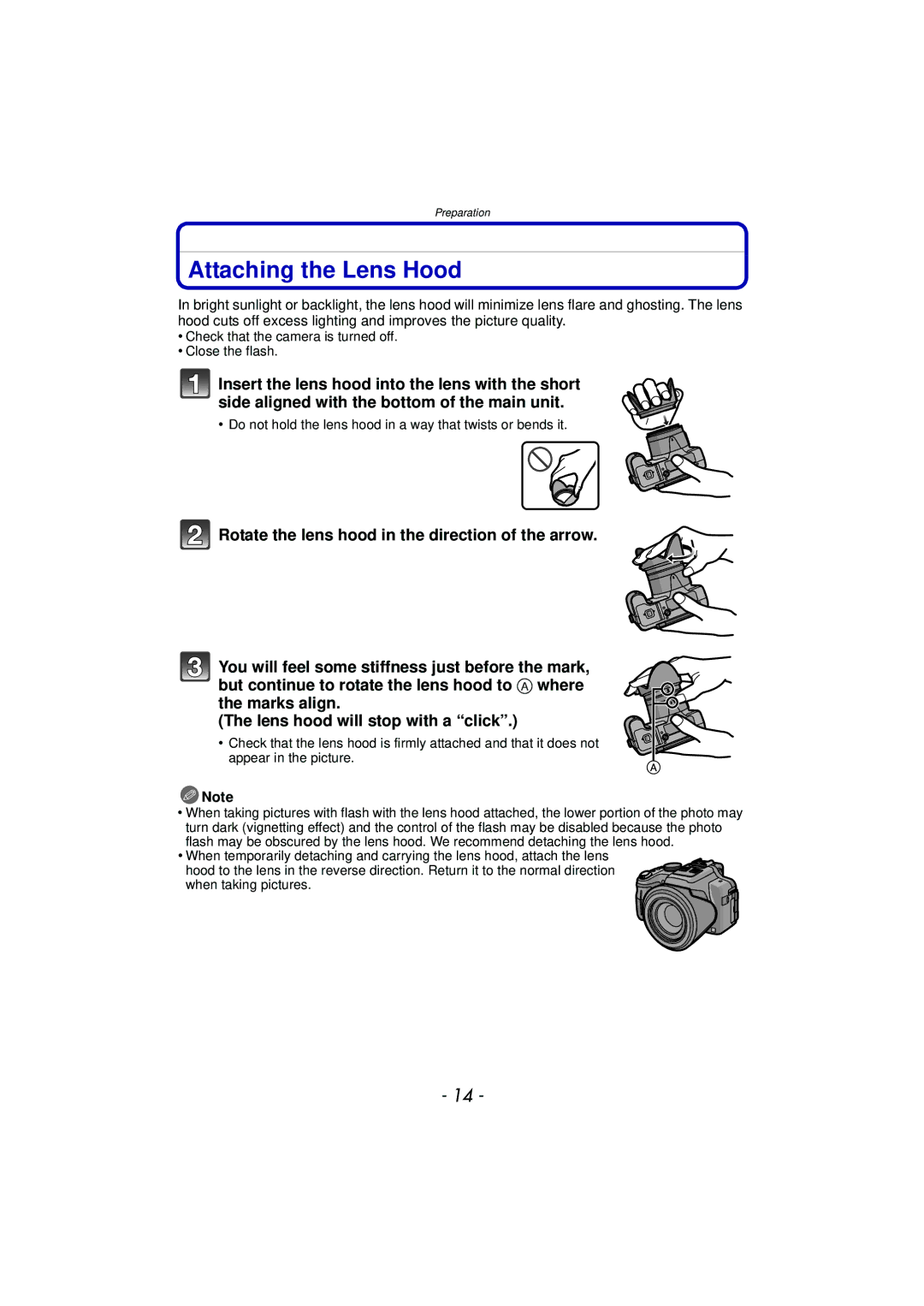 Panasonic DMCFZ150K owner manual Attaching the Lens Hood 