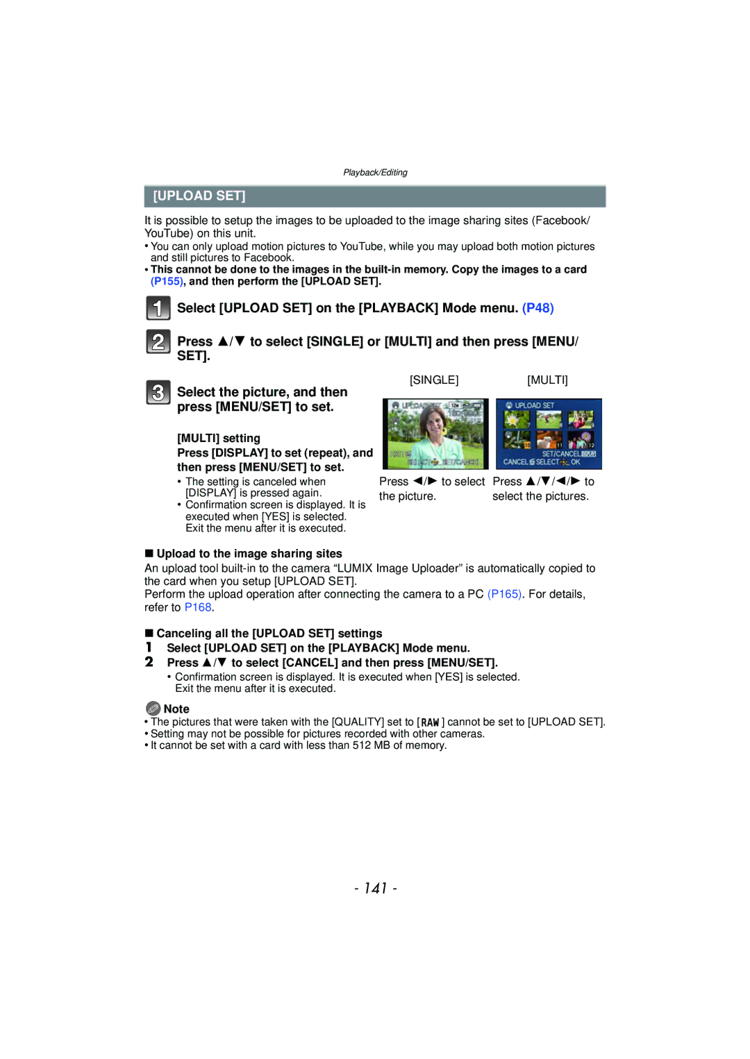 Panasonic DMCFZ150K owner manual 141, Upload SET, Select the picture, and then press MENU/SET to set, Multi setting 