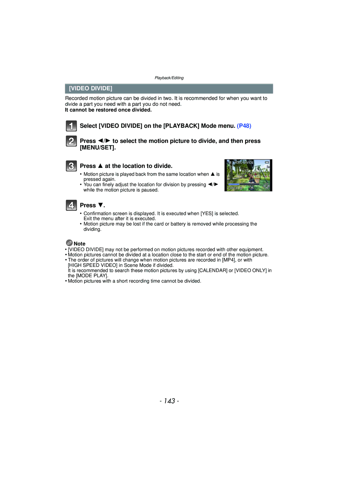 Panasonic DMCFZ150K owner manual 143, Video Divide, It cannot be restored once divided 