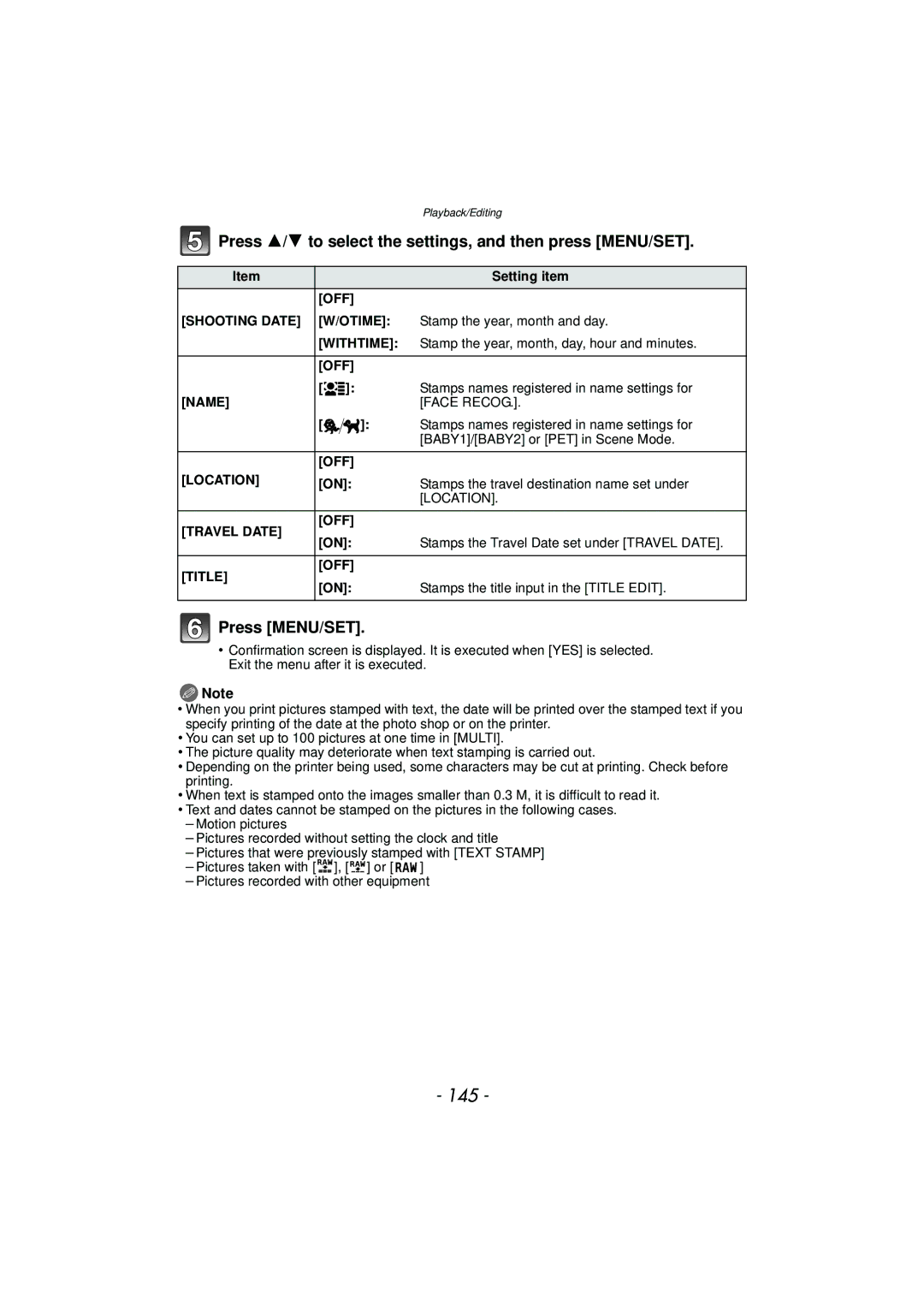 Panasonic DMCFZ150K owner manual 145, Press 3/4 to select the settings, and then press MENU/SET 