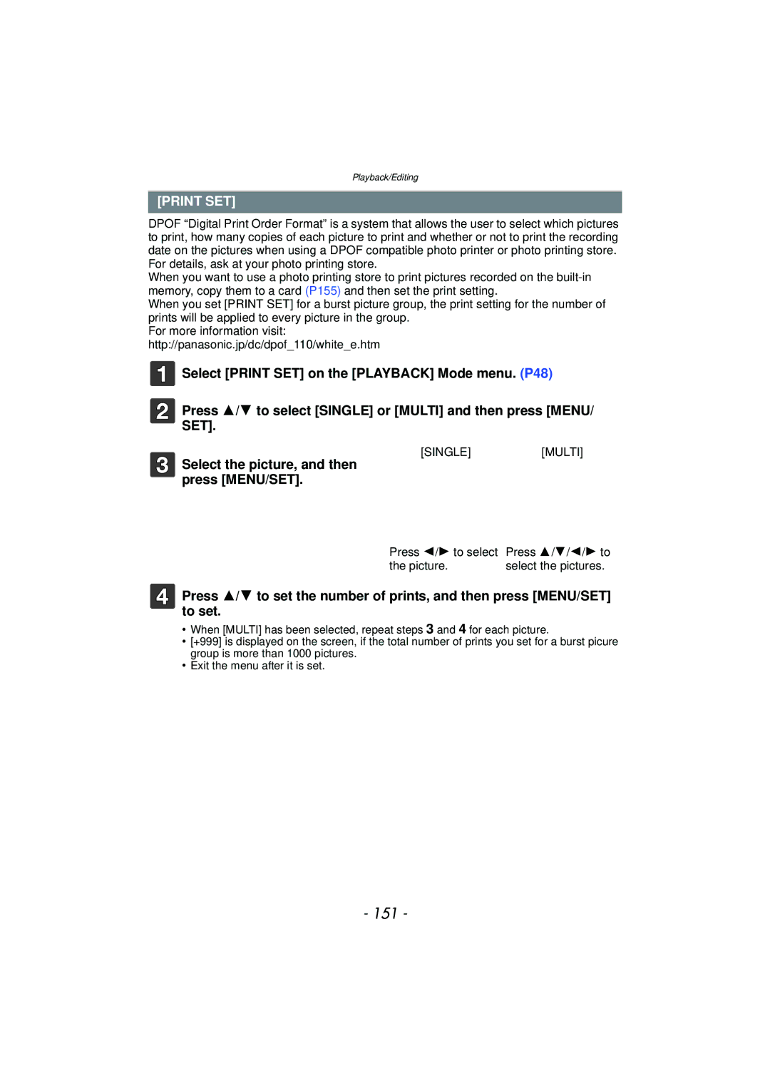 Panasonic DMCFZ150K owner manual 151, Print SET 