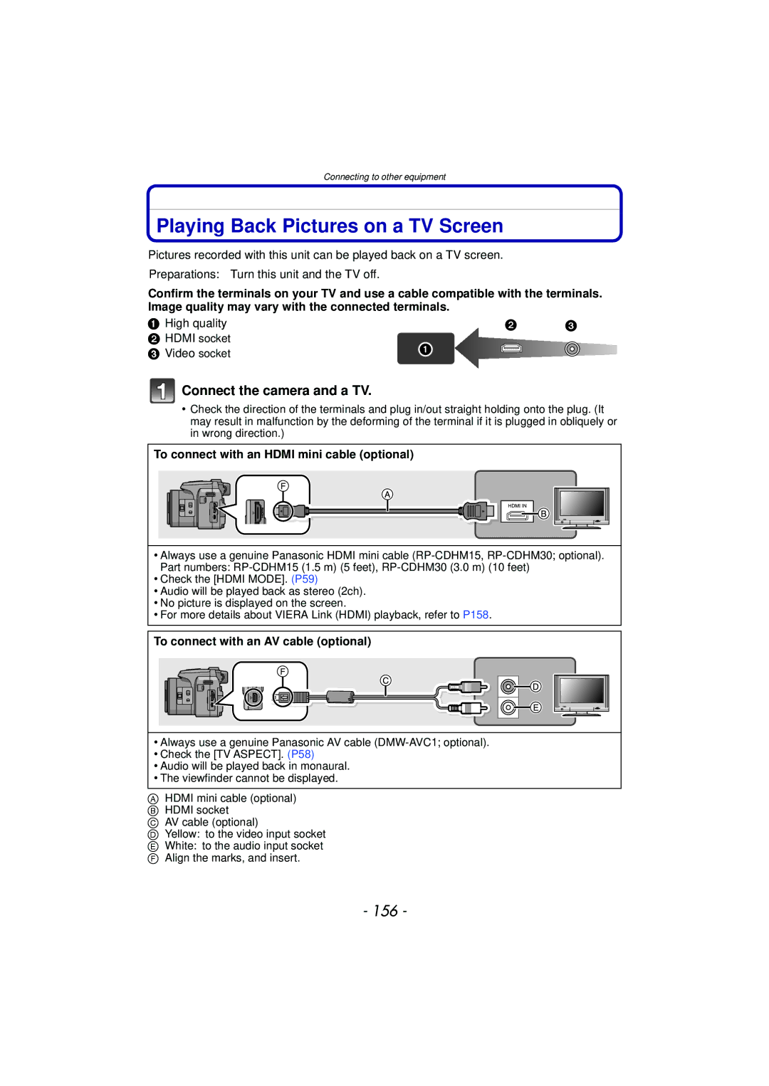 Panasonic DMCFZ150K owner manual Playing Back Pictures on a TV Screen, 156, Connect the camera and a TV 