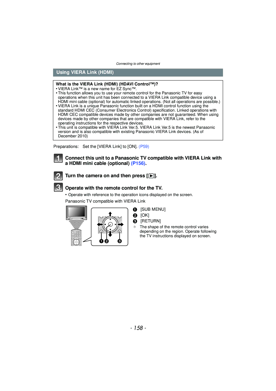 Panasonic DMCFZ150K owner manual 158, Using Viera Link Hdmi, What is the Viera Link Hdmi Hdavi Control?, Return 