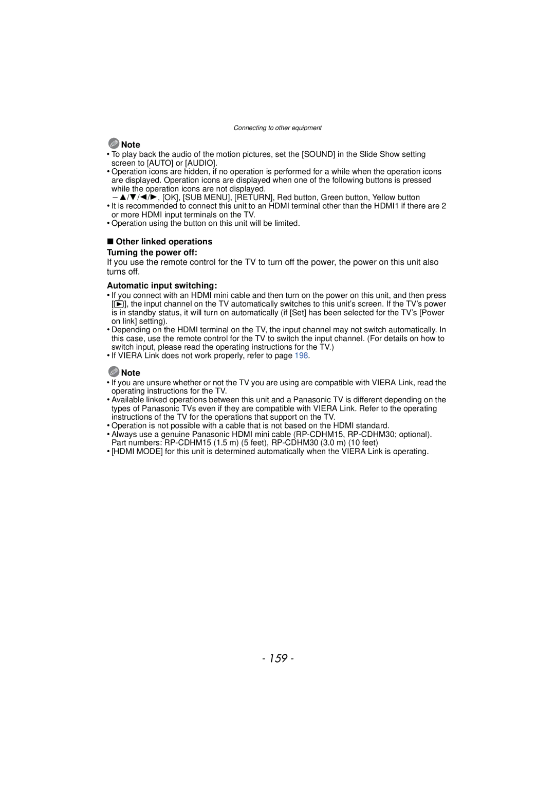 Panasonic DMCFZ150K owner manual 159, Automatic input switching, Other linked operations Turning the power off 