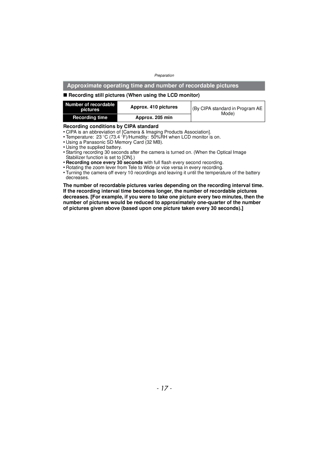 Panasonic DMCFZ150K owner manual Recording still pictures When using the LCD monitor, Recording conditions by Cipa standard 