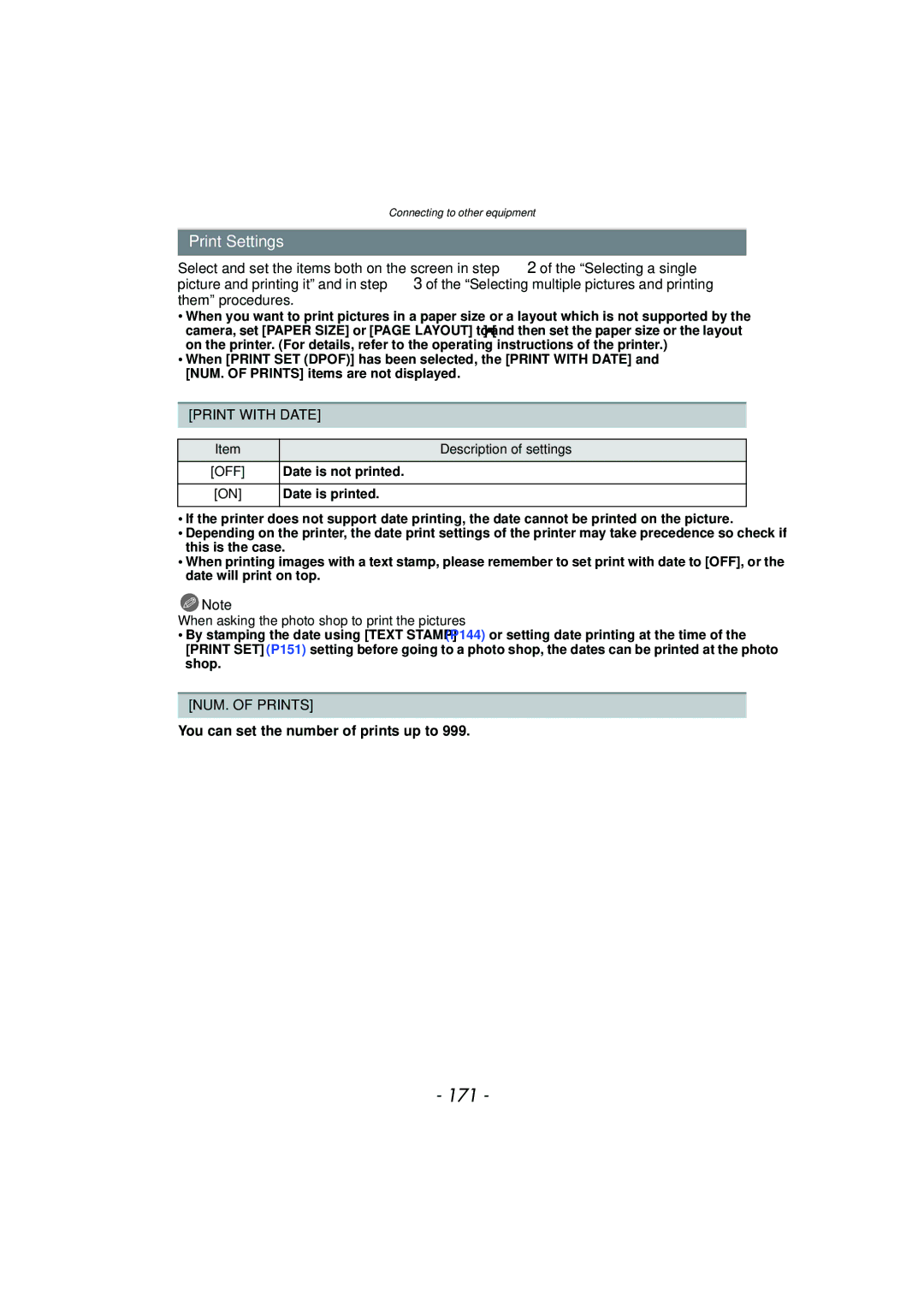 Panasonic DMCFZ150K 171, Print Settings, Print with Date, NUM. of Prints, You can set the number of prints up to 