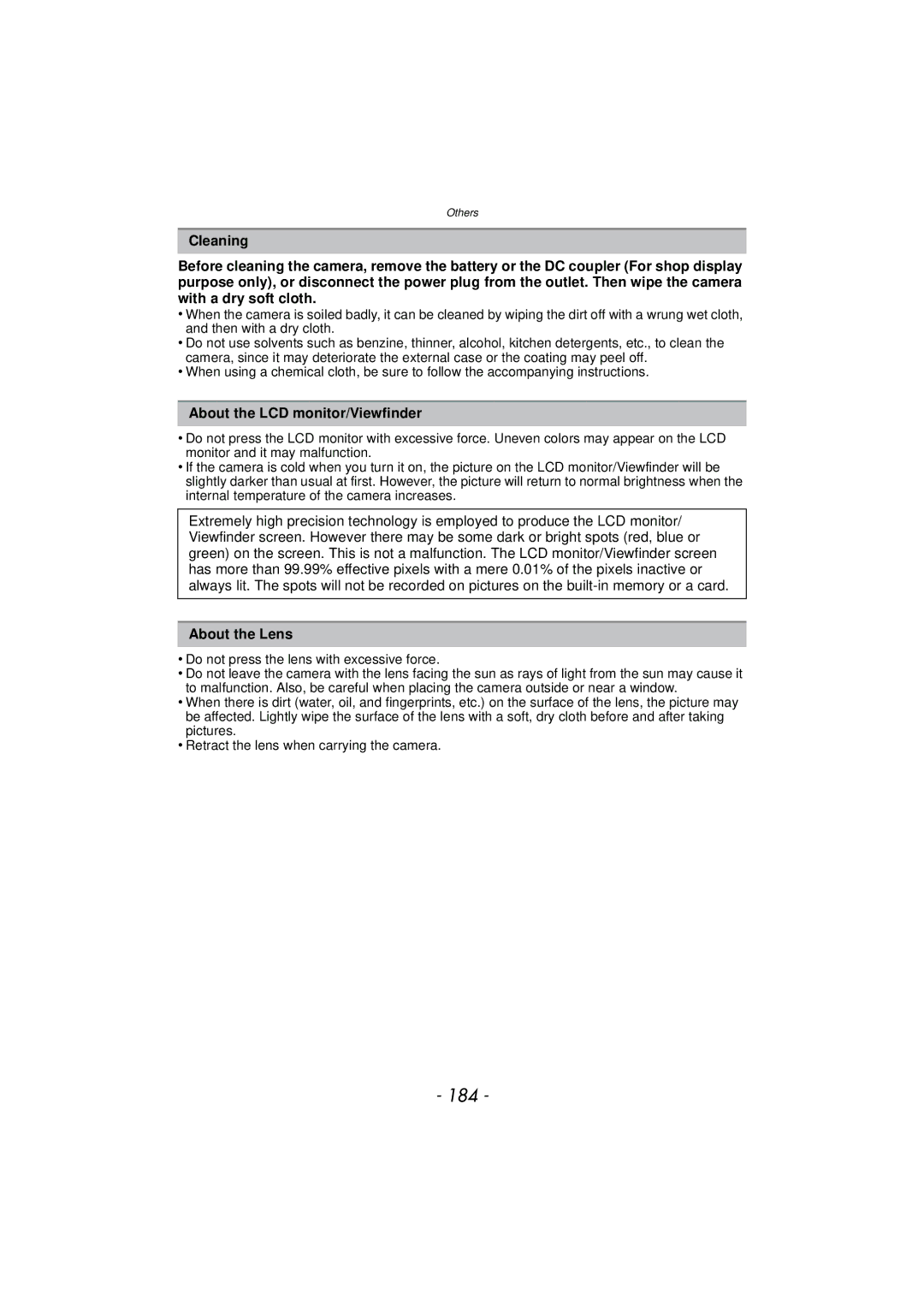 Panasonic DMCFZ150K owner manual 184, About the LCD monitor/Viewfinder, About the Lens 