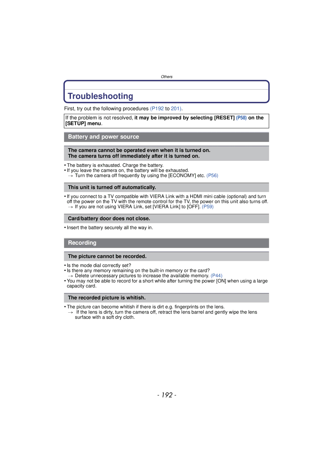 Panasonic DMCFZ150K owner manual Troubleshooting, 192, Battery and power source, Recording 